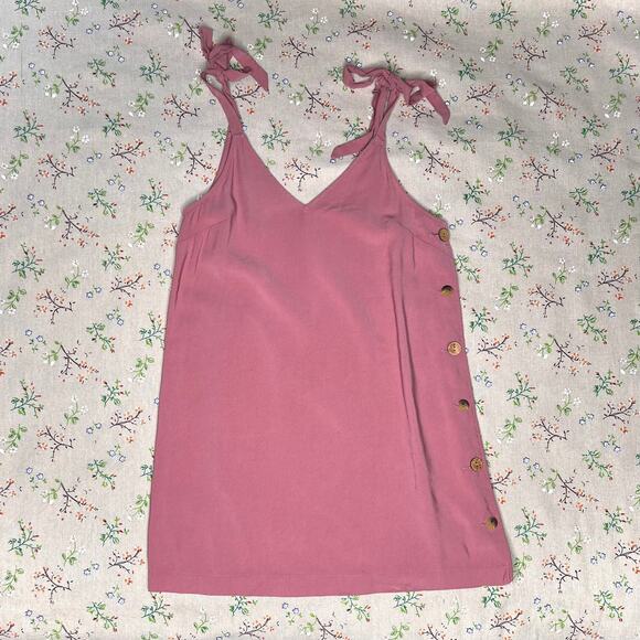 TopShop Overall Mini Dress Mauve Sz 6 Pinafore Apron V-Neck Sleeveless Buttons - Picture 2 of 6